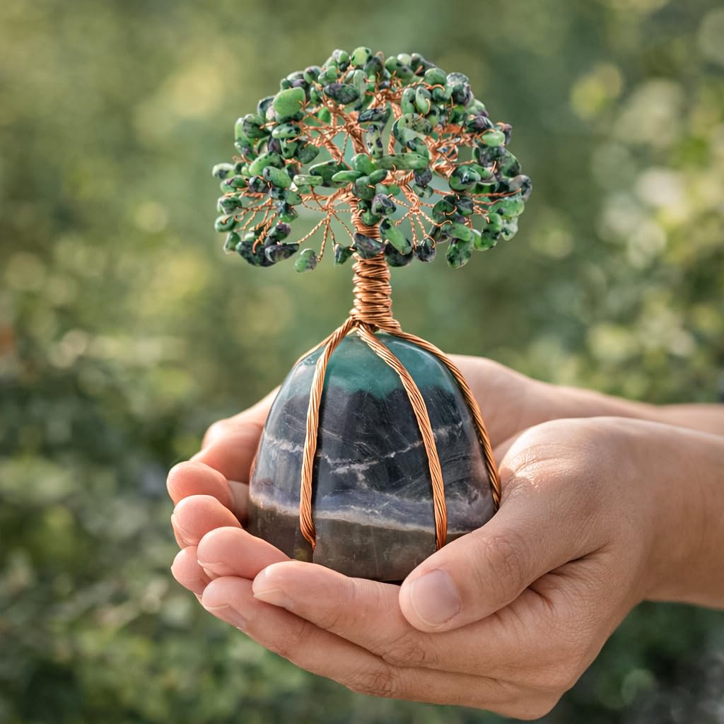 Crocon® Ruby Zoisite Crystals Tree with Fluorite Rough Base, Birthday Gifts for Women & Men, Room Decor, Healing Crystals Spiritual Gift, House Warming Gifts New Home, Birthday Gift - Mom Sister Wife
