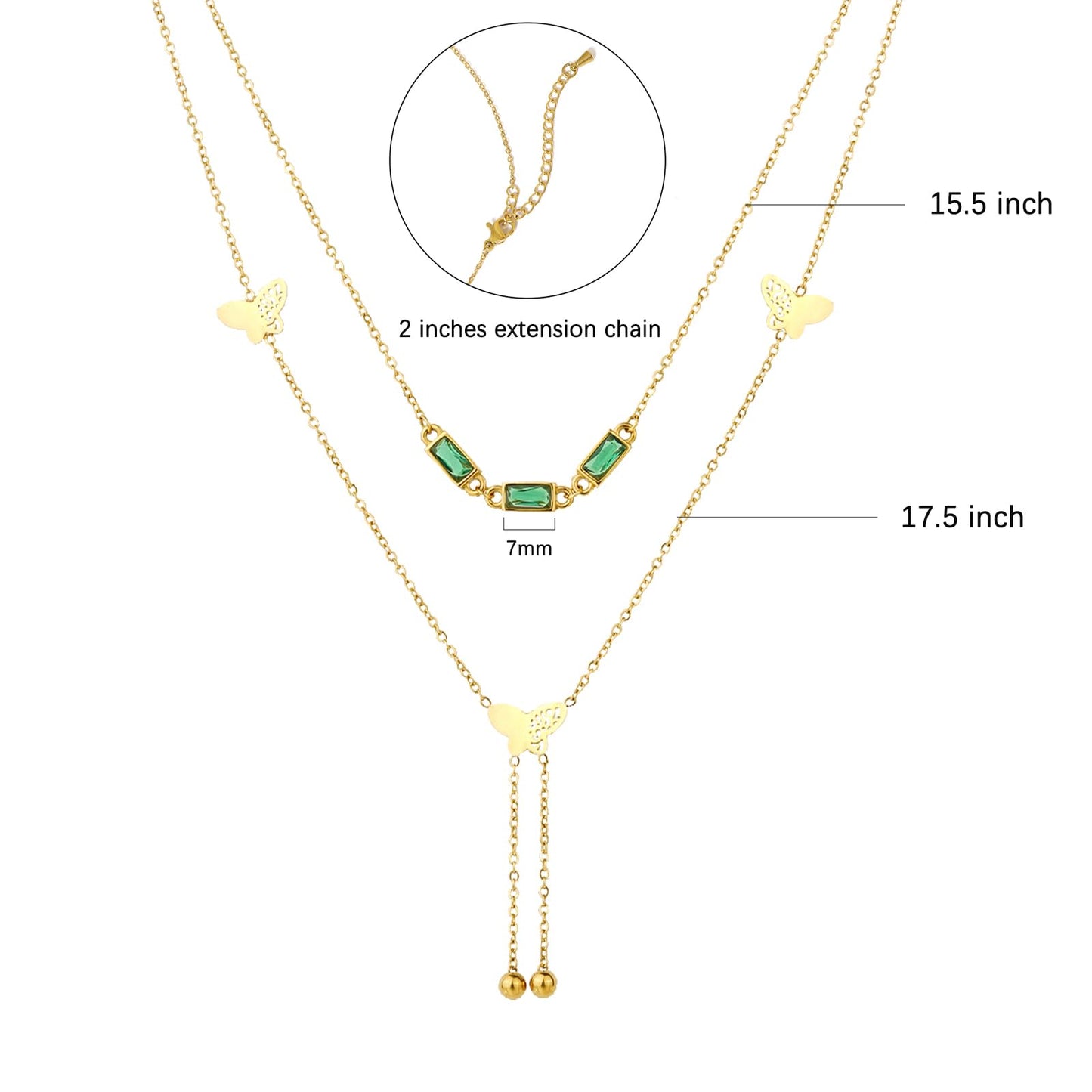 TaYolnFaSo 18K Gold Plated Double Layered Y Lariat Necklace Emerald Cut Green CZ Choker Butterflies Lariat Necklace Christmas Jewelry Gift for Women