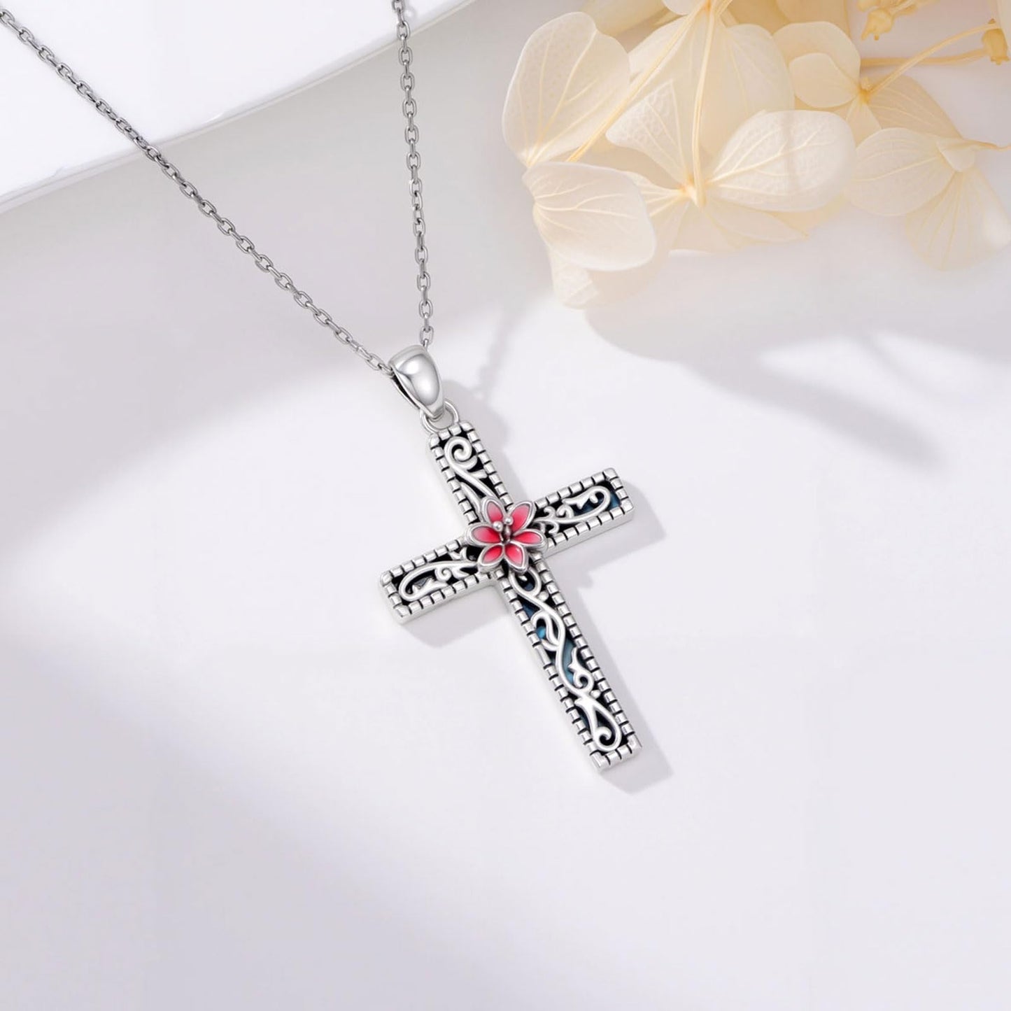 KoyeKei Lily Cross Necklace for Women 925 Sterling Silver Lily Flower Pink Filigree Necklaces Pendant Christian Faith Jewelry with Abalone Shell Gifts for Mom Lover Mothers Day Birthday Graduation