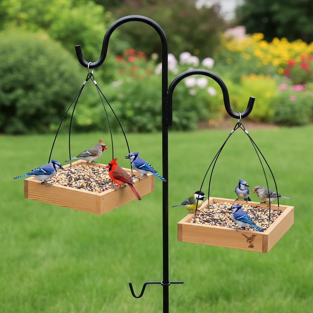 Cedar Wood Platform Tray Bird Feeder 10” - Hanging Bird Feeder for Outside Outdoor - Stainless Steel Cable Mesh Base - Weather Proof Birdfeeder for 10 Years - Longtime Outdoor Lasting Heavy Duty