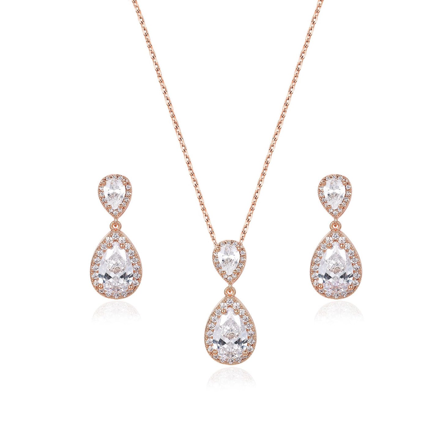 UDYLGOON Bridal Jewelry Set for Women, Cubic Zirconia Teardrop Bride Bridesmaid Necklace and Earrings Set for Wedding Prom Formal (Rose Gold Plated)
