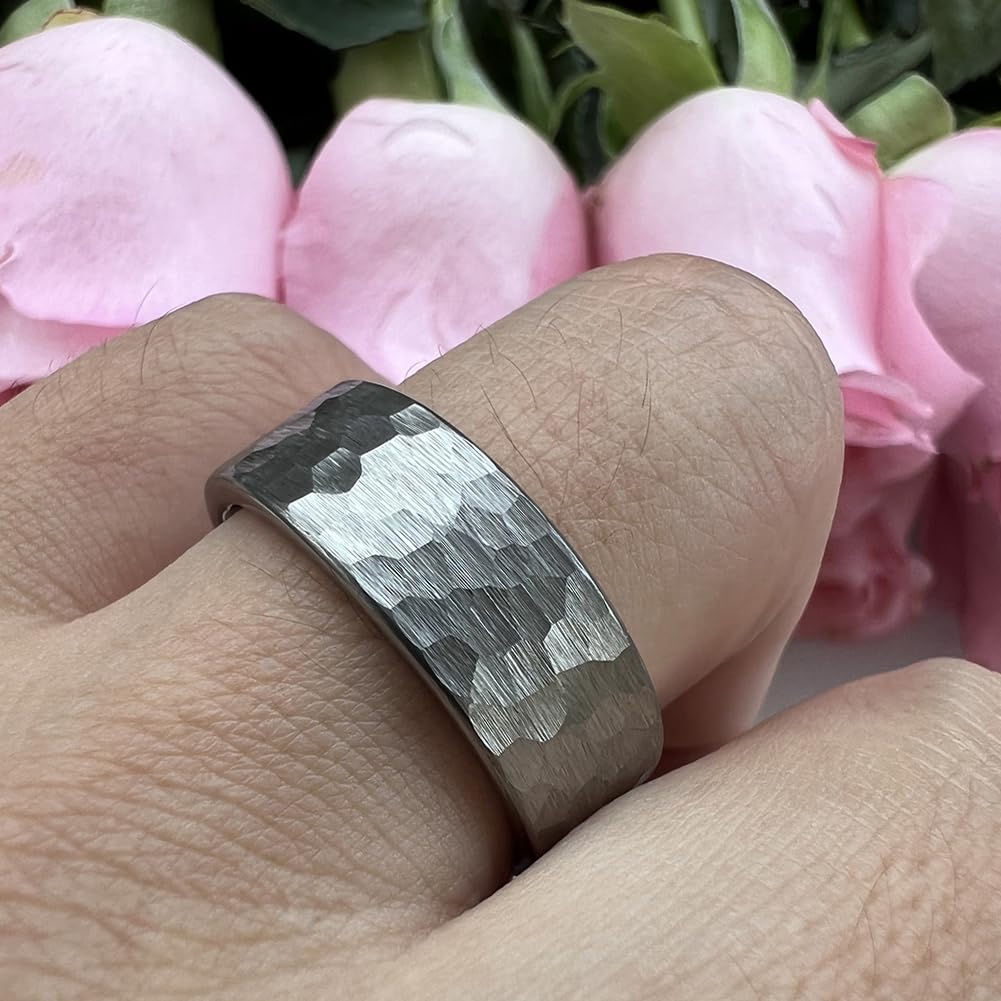 TUTISS 8mm Hammered Tungsten Rings for Men Women Fashion Engagement Wedding Bands Pipe Cut Matte Finish Comfort Fit Size 10