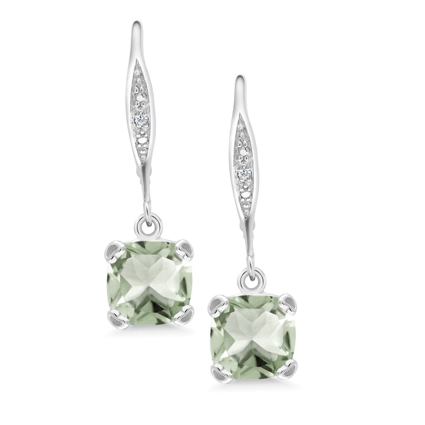 Gem Stone King Drop Dangle Earrings For Women | 7MM Cushion Cut Gemstone Birthstone and Diamond | 925 Sterling Silver | Jewelry Gift for Mom Wife Her | Prasiolite | Sterling Silver