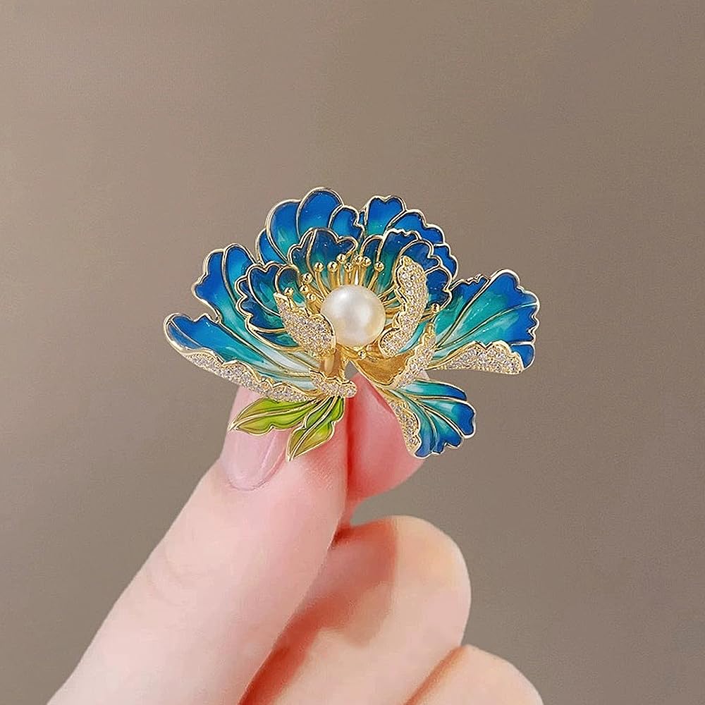 Dainty Flower Brooch Pins for Women Graceful Cubic Zircon Peony Pearl Enamel Badges Lapel Pins Trendy Banquet Prom Dress Jewelry Accessories Gift (Blue)