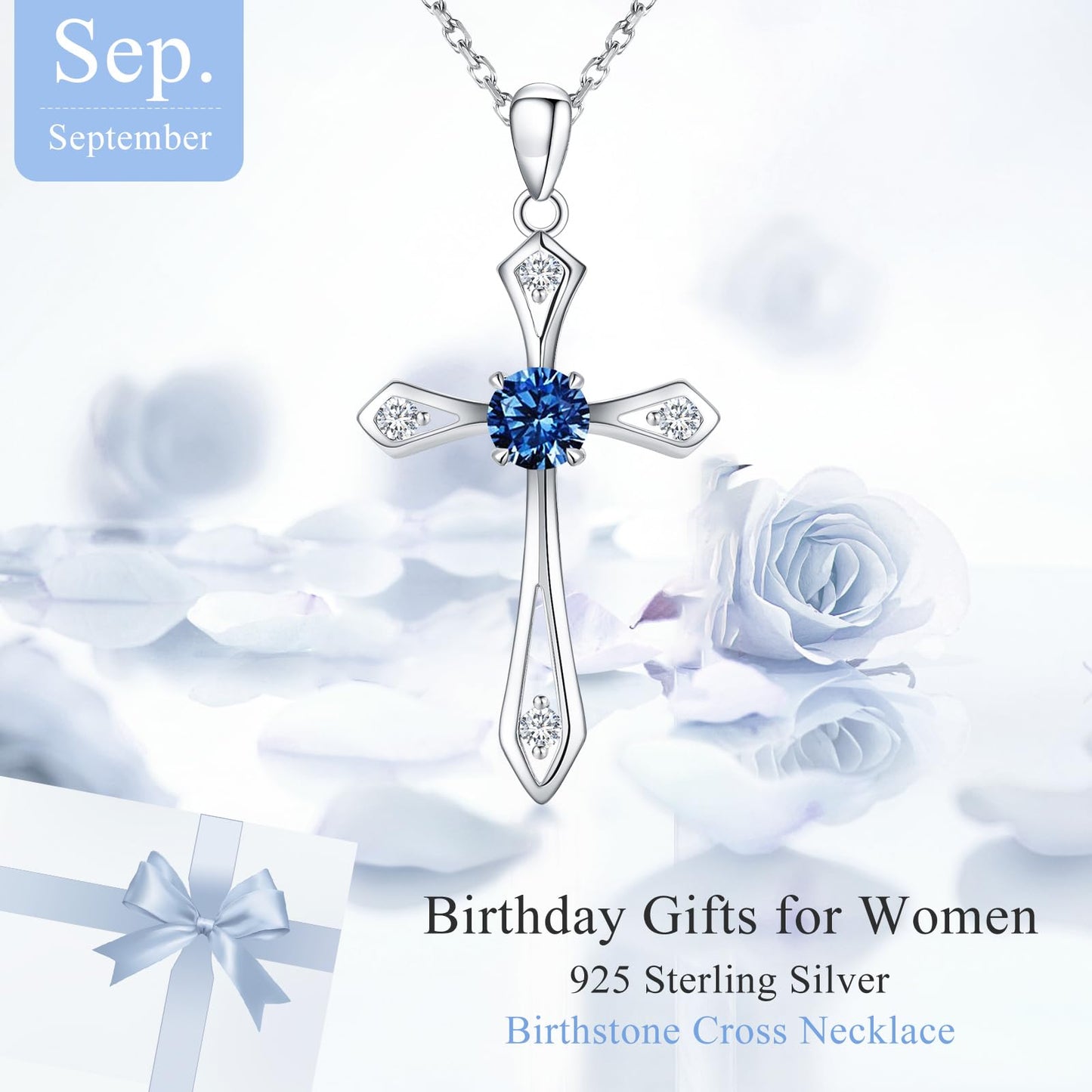 QUALISE Cross Necklace for Women,925 Sterling Silver September Birthstone Necklace Cross Pendant 5A CZ 12 Birth Months Birthstone Sapphire Jewelry Birthday Gifts for Her Wife Mom