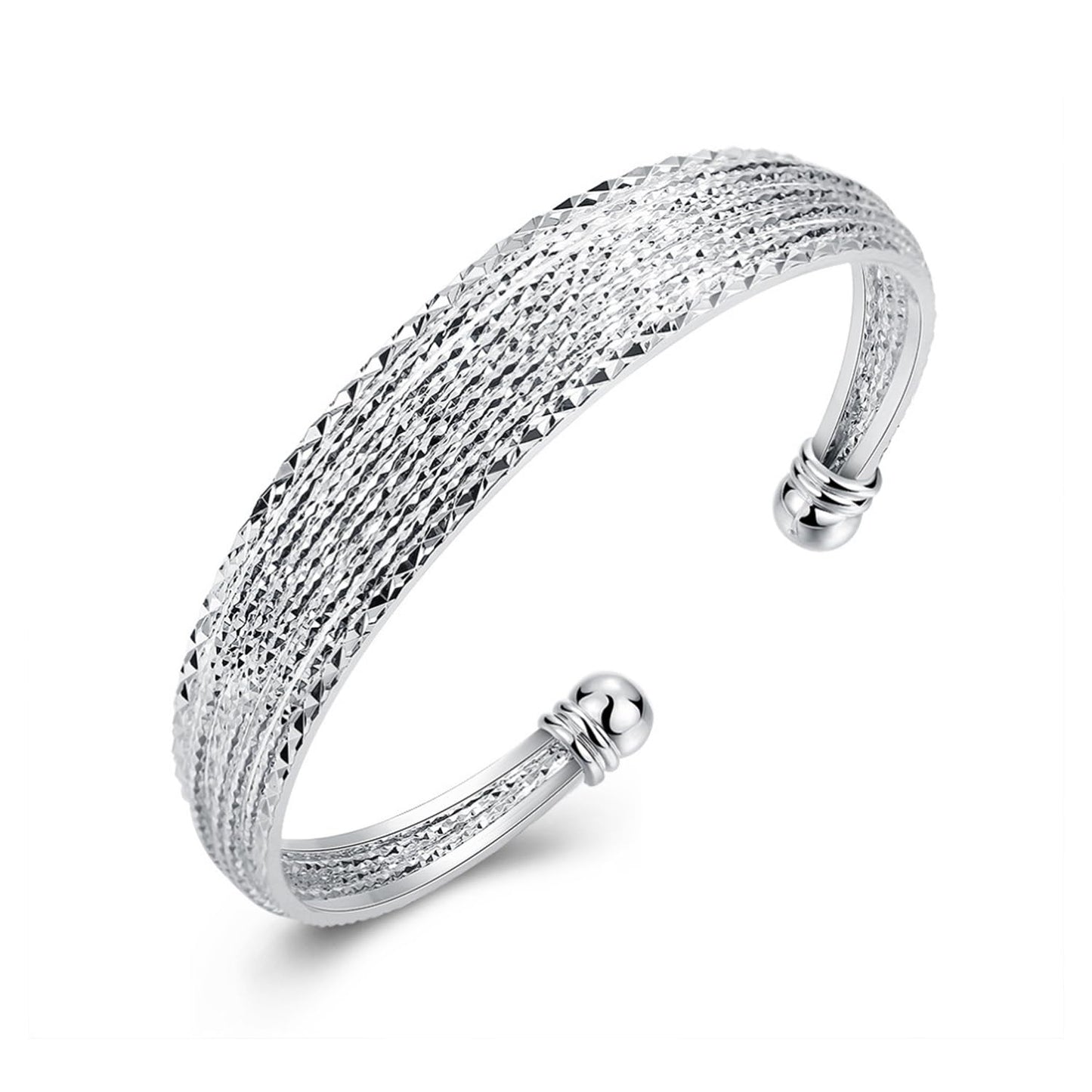 Shiny Wide Cuff Bracelets for Women 925 Sterling Silver Open Adjustable Bangles Handmade Multi-line Stack Bracelet Minimalist Silver Cuff Bracelet Teen Girls Fashion Women Jewelry gift for Lover wife