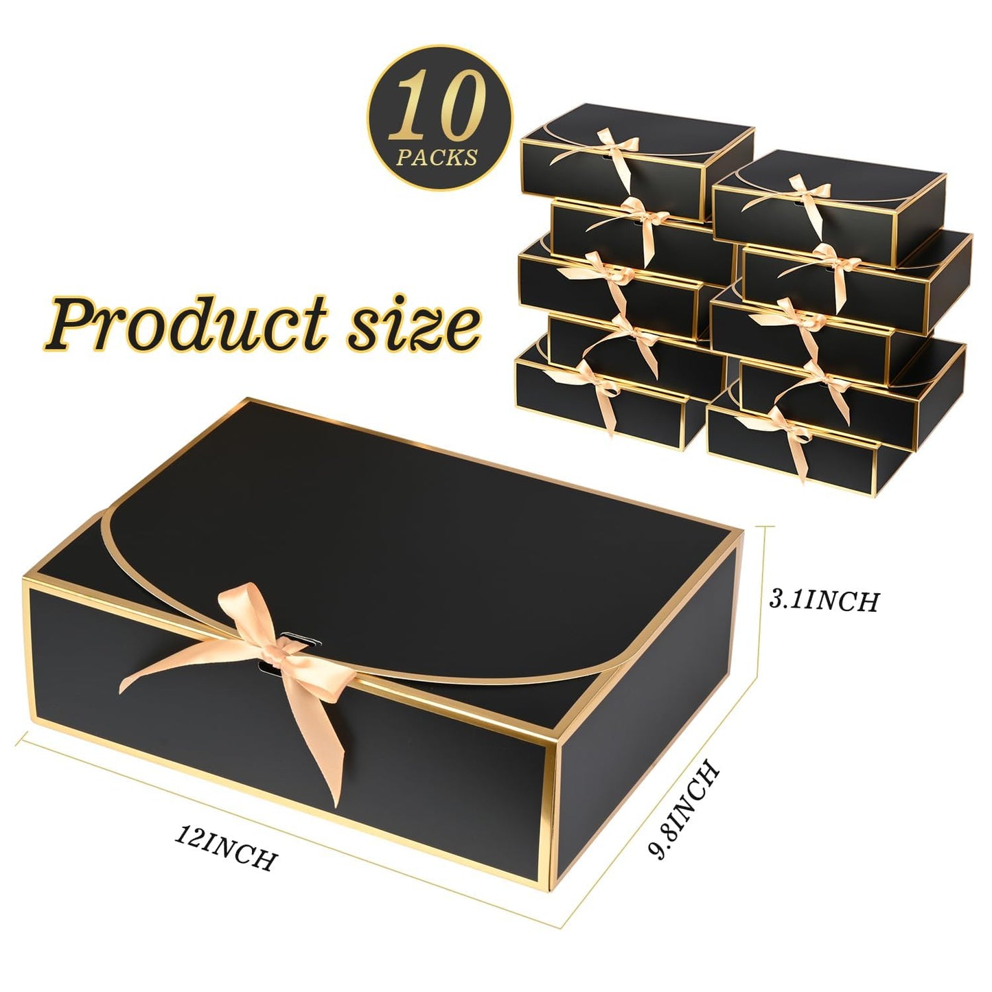 WLUSEAXI 10 Pack Gold Foil Large Gift Boxes with Lids, 12.6x9.8x3.1 Inch Luxury Bridesmaid Proposal Box, Black Gift Boxes for Presents, Wedding, Baby Shower, Birthday Party