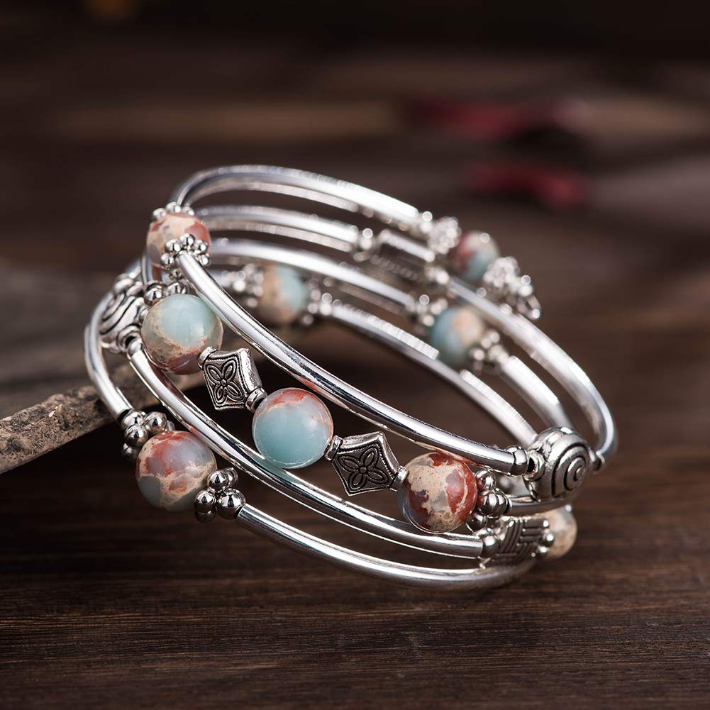 Beaded Pearl Bangle Wrap Bracelet - Fashion Bohemian Jewelry Multilayer Charm Bracelet with Thick Silver Metal Beads, Gift For Women(King Green)