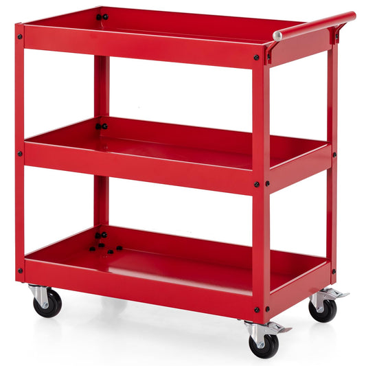 Goplus 3-Tier Utility Cart, Heavy Duty Commercial Service Tool Cart w/Lockable Wheels, 330lbs Load Capacity, Ergonomic Handle, Rolling Mechanic Tool Cart Storage Organizer for Warehouse Garage Red