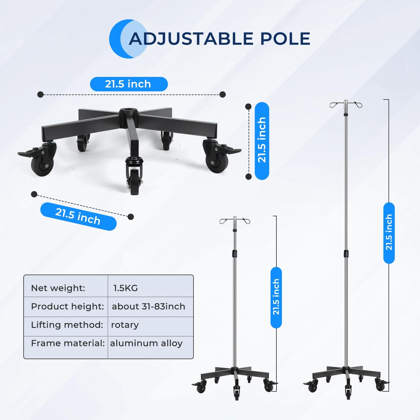 Konmee 2 PCS IV Poles IV Stands Portable Rolling 2 Hook 5 Legs Adjustable Height with Brake Wheels, Stainless Steel