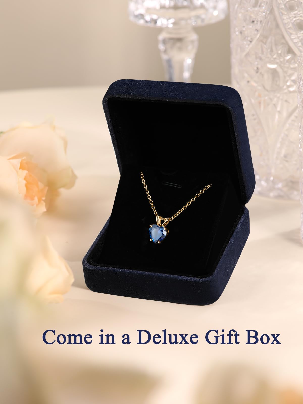 CYW 1 Carat Blue Sapphire Small Gold Heart Necklace for Women 925 Sterling Silver Solitaire Pendant Necklace