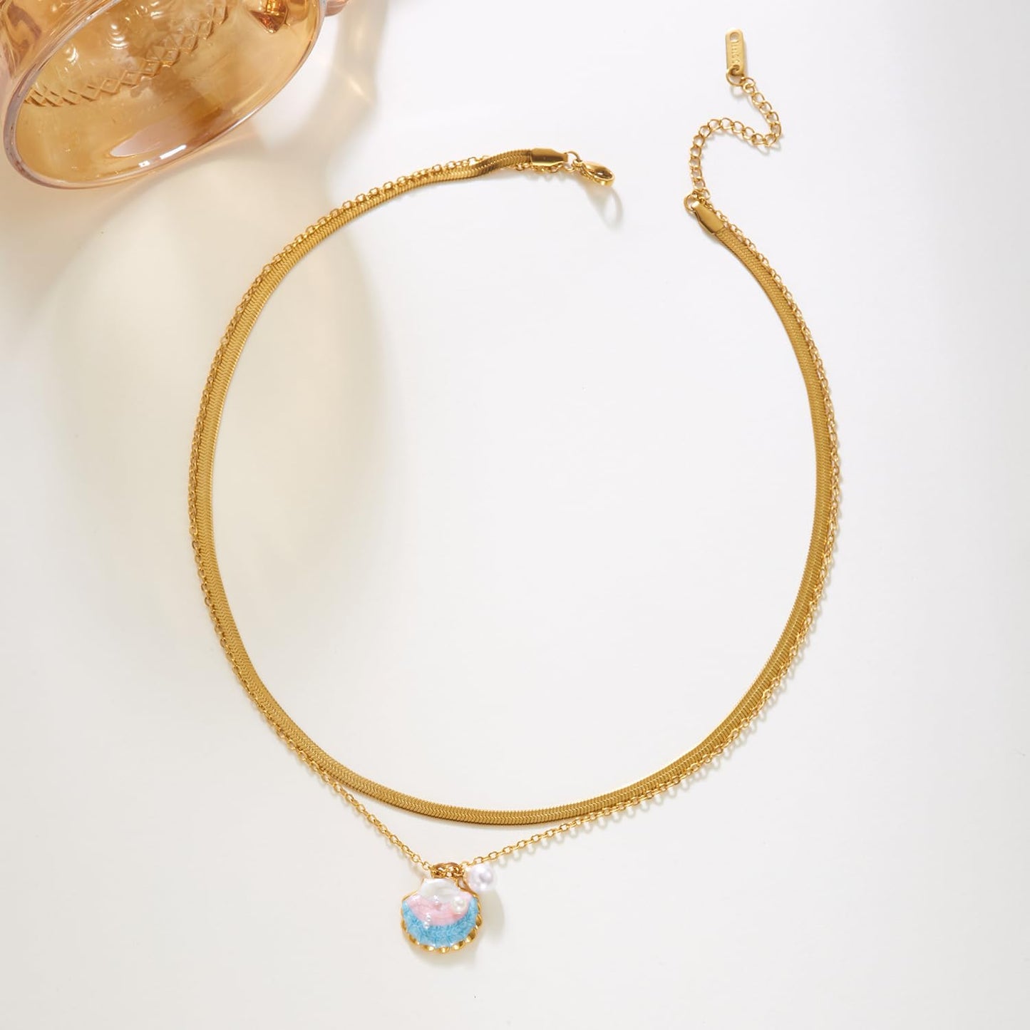 Harlermoon Gold Starfish Necklace for Women - 18K Gold Plated Stainless Steel Ocean Beach Jewelry, Sea Turtle Shell Pearl Pendant, Waterproof Non Tarnish Snake Chain Choker, Summer Vacation Mermaid Gifts (Small Shell Snake Chain)