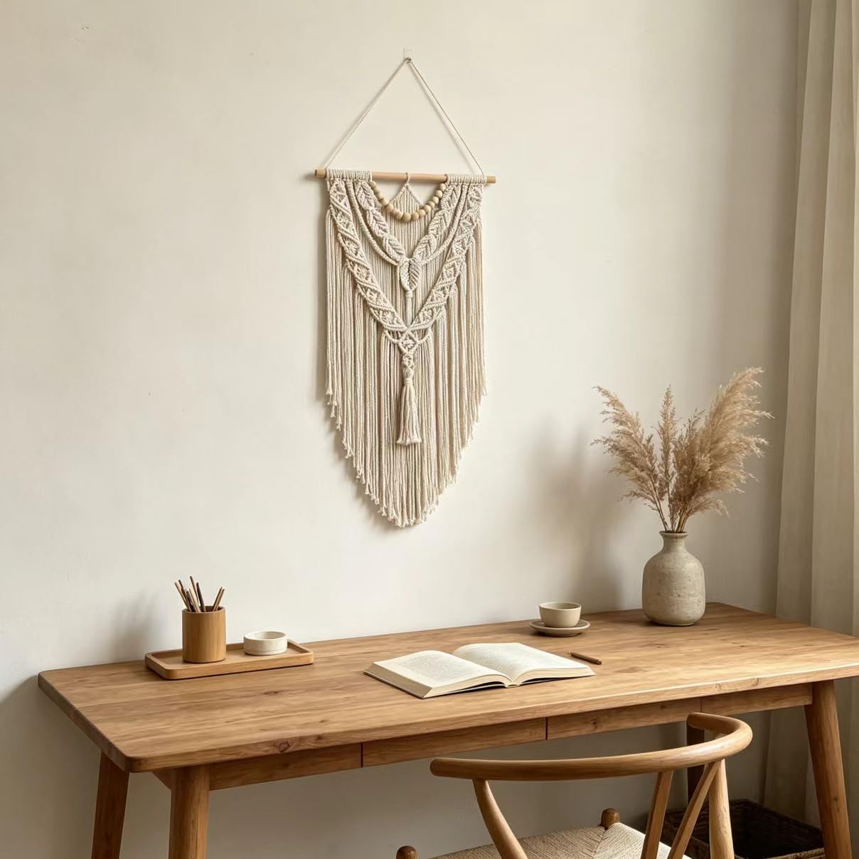 Macrame Wall Hanging Boho Geometric Woven Tapestry Cotton Handmade Bohemian Art Decor with Wood Bead Wall Decor for Bedroom Living Room Apartment Nursery 31.5" L x 17" W (Wood Bead-Y)