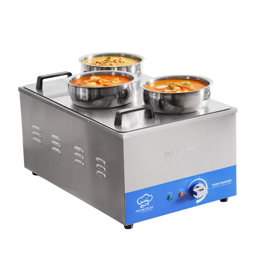 TOPKITCH Commercial 12L Soup Warmer with 3×4L Pot Buffet Bain Marie， Commercial Electric Food Warmer, Seamless One-Piece Tank, 30-85℃ Adjustable Temp Range, UL Certified Key Components-120V,1200W