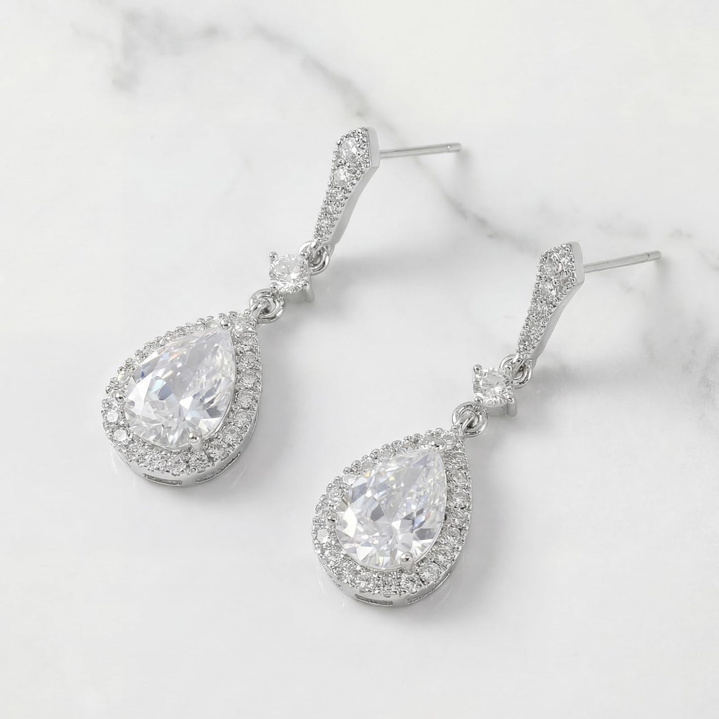 SWEETV Cubic Zirconia Dangle Earrings for Women, Teardrop Bridal Earrings for Wedding, Brides, Bridesmaids, Pear Shaped Drop Earrings for Women Prom Formal Party, Silver-Style4