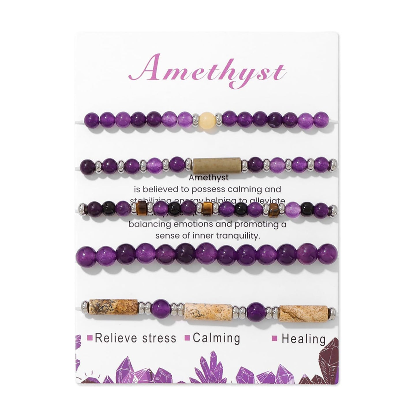 5Pcs Amethyst Bracelet for Women 4mm Amethyst Crystal Bracelet Stackable Beaded Bracelets Gemstone Bracelets Purple Beaded Bracelet Stretch Bracelets Amethyst Jewelry for Women