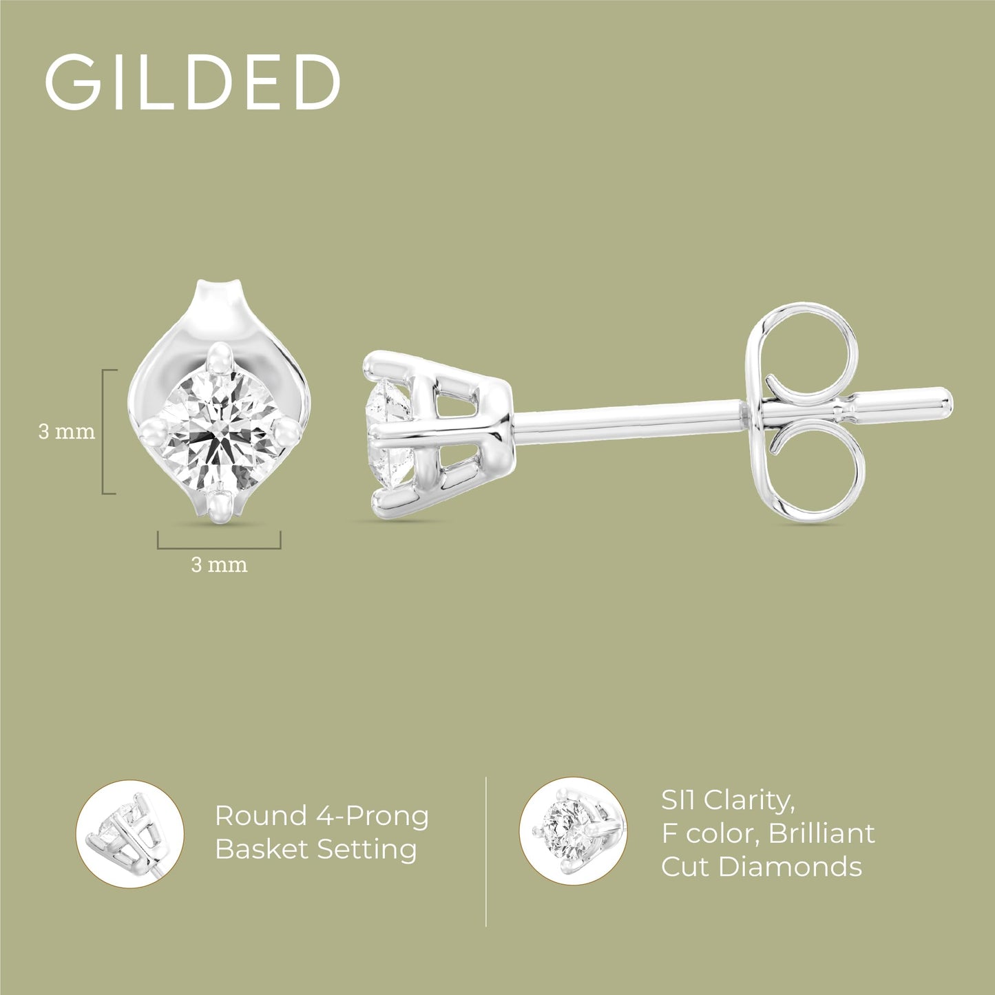 Gilded 1/5 ct. T.W. Round Lab Diamond Stud Earrings for Women | 925 Sterling Silver Studs | Hypoallergenic Fine Jewelry | 4-Prong Basket, Push Back Nut | SI1 Clarity, F Color, Round Cut