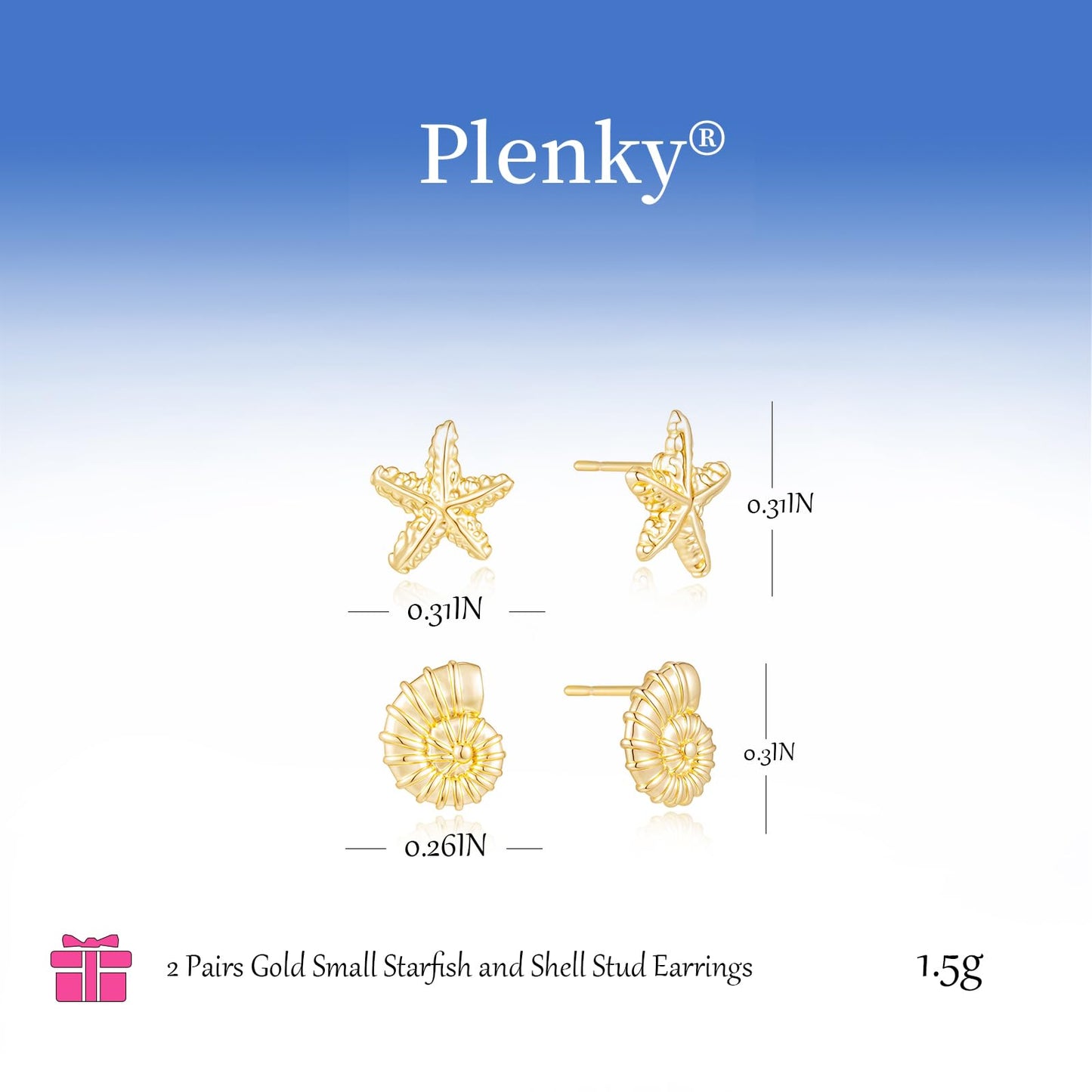 Plenky Gold Earrings for Women - 2 Pairs 14K Gold Plated Small Starfish and Conch Shell Stud Earrings Set Summer Beachy Jewelry for Women Gifts