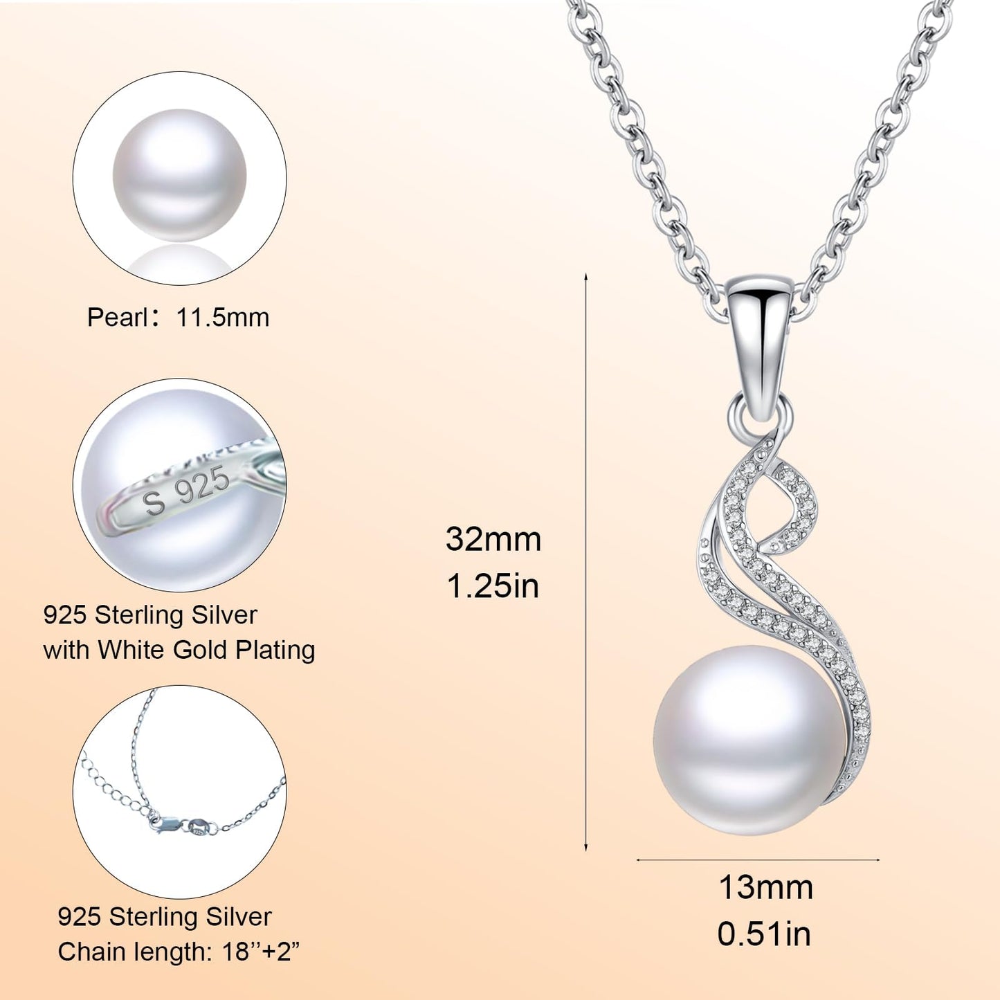 11.5 mm Infinity Pearl Necklace 925 Sterling Silver Jewelry 5A Cubic Zirconia Pendant Necklace Gifts for Mom Women Girlfriend Grandma Lover Her Wedding Birthday Anniversary Engagement Valentine's Day