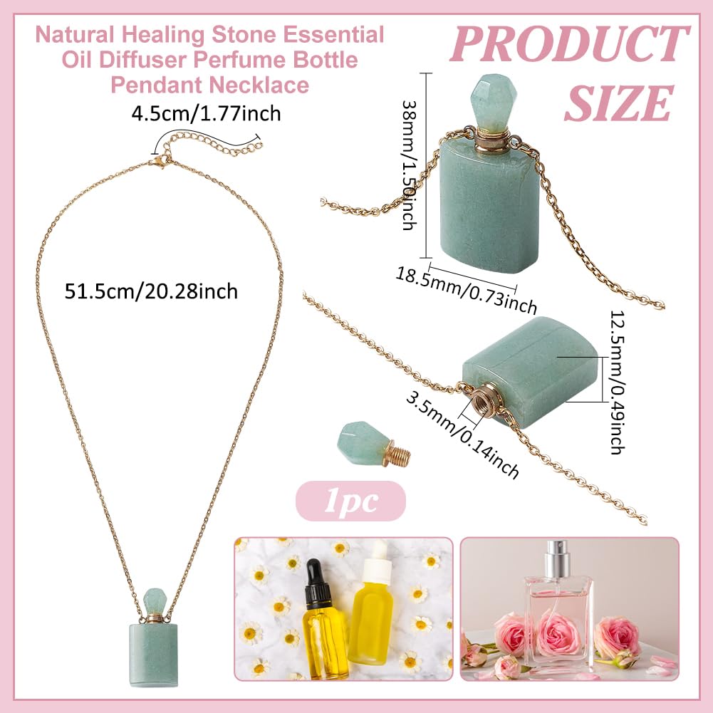 PH PandaHall Stone Essential Oil Necklace, Natural Green Aventurine Perfume Bottle Necklace Rectangle Crystal Perfume Vial Necklaces with Golden Chain for Women Jewelry, 1 Piece