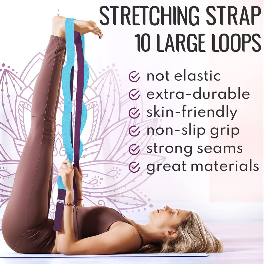 [NEW 2023] TECEUM Yoga Stretching Strap 10 Loops Non-Elastic Strap - Home Workout Stretch Strap for Physical Therapy, Yoga, Pilates cttn 1 in MB