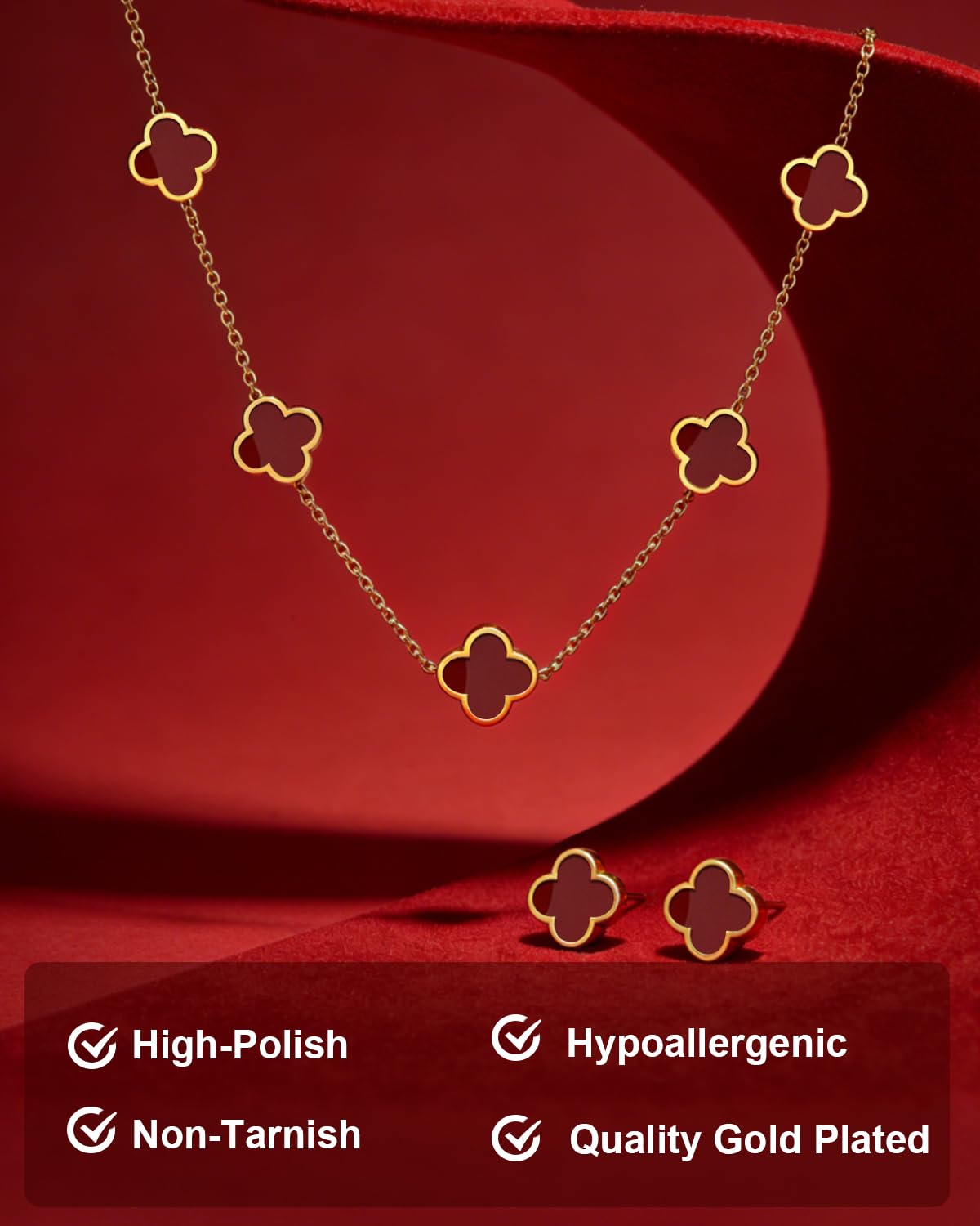 Aimétte Monette 18K Gold Plated Jewelry Set, Clover Necklace Stud Earrings for Women Hypoallergenic Red Lucky Clover Pendant Necklace Gifts for Women Trendy