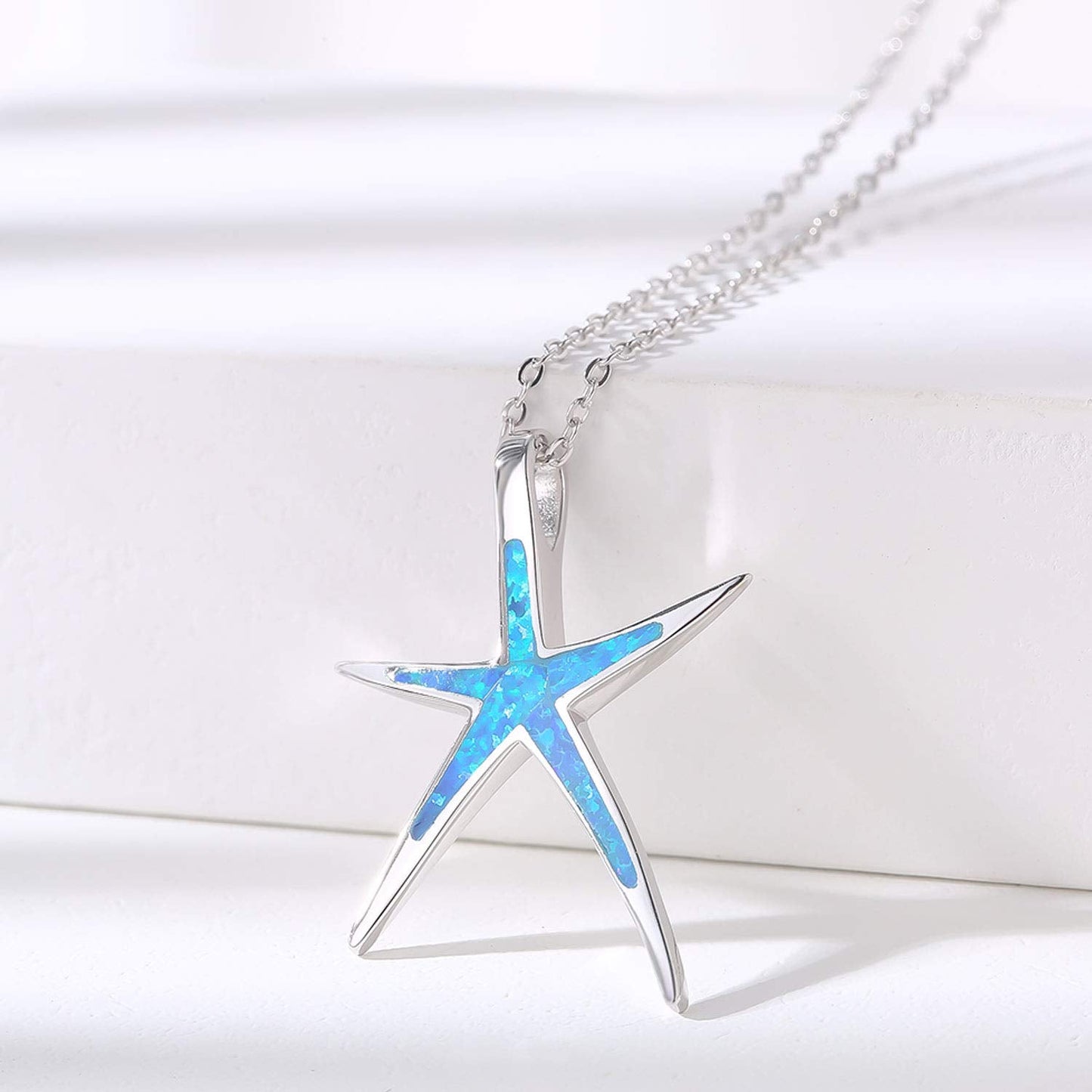 Cuoka Starfish Necklace, 925 Sterling Silver with Blue Opal, Hawaiian Beach Nautical Ocean Pendant, Starfish Jewelry Opal Jewelry for Women Girlfriend