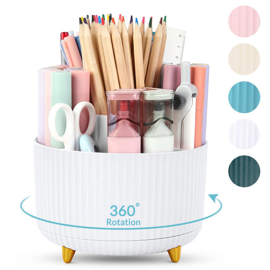 SKYDUE 360 Rotating Plastic Desk Pen Organizer with 5 Slots, Dual-Purpose Art Supply Pencil Cup for Office, School, Home