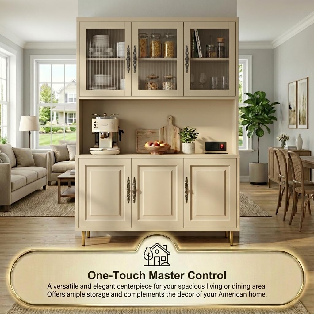 AUN Pantry Cabinet with Charging Station - 68" Multi-Scene Storage Cabinet for Kitchen, Coffee Bar, Dining Room | Adjustable Shelves & Soft-Close Doors,Beige