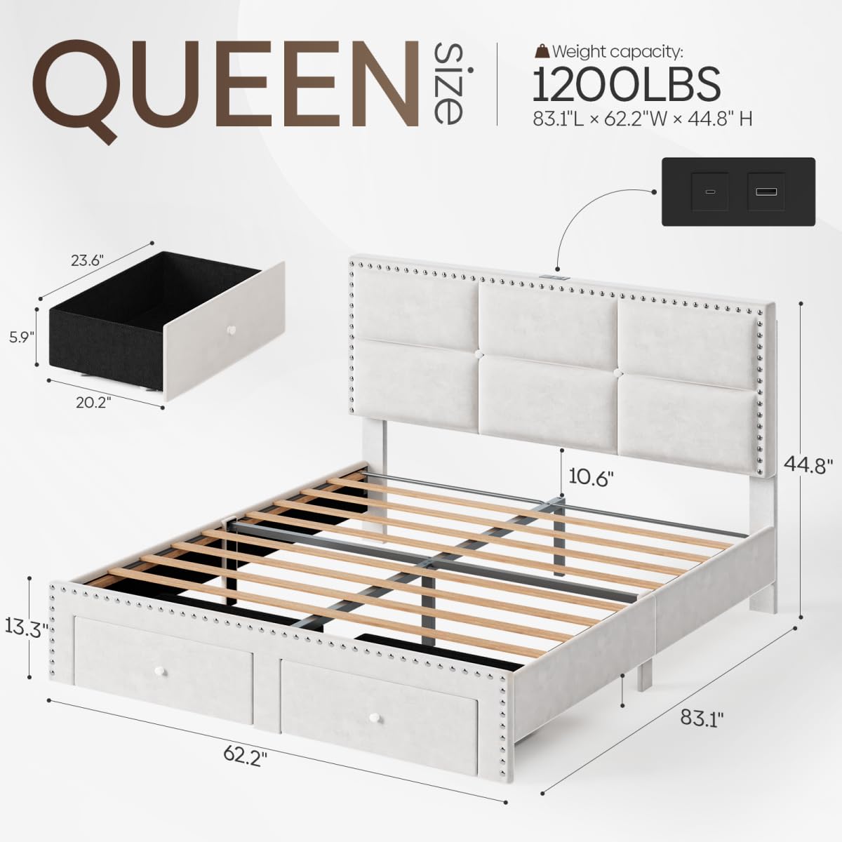 Otevehde Queen Bed Frame with 2 Storage Drawers, Velvet Upholstered Platform Bed Frame Queen Size with Charging Station, Noise-Free, Wooden Slats Support, Easy Assembly, White