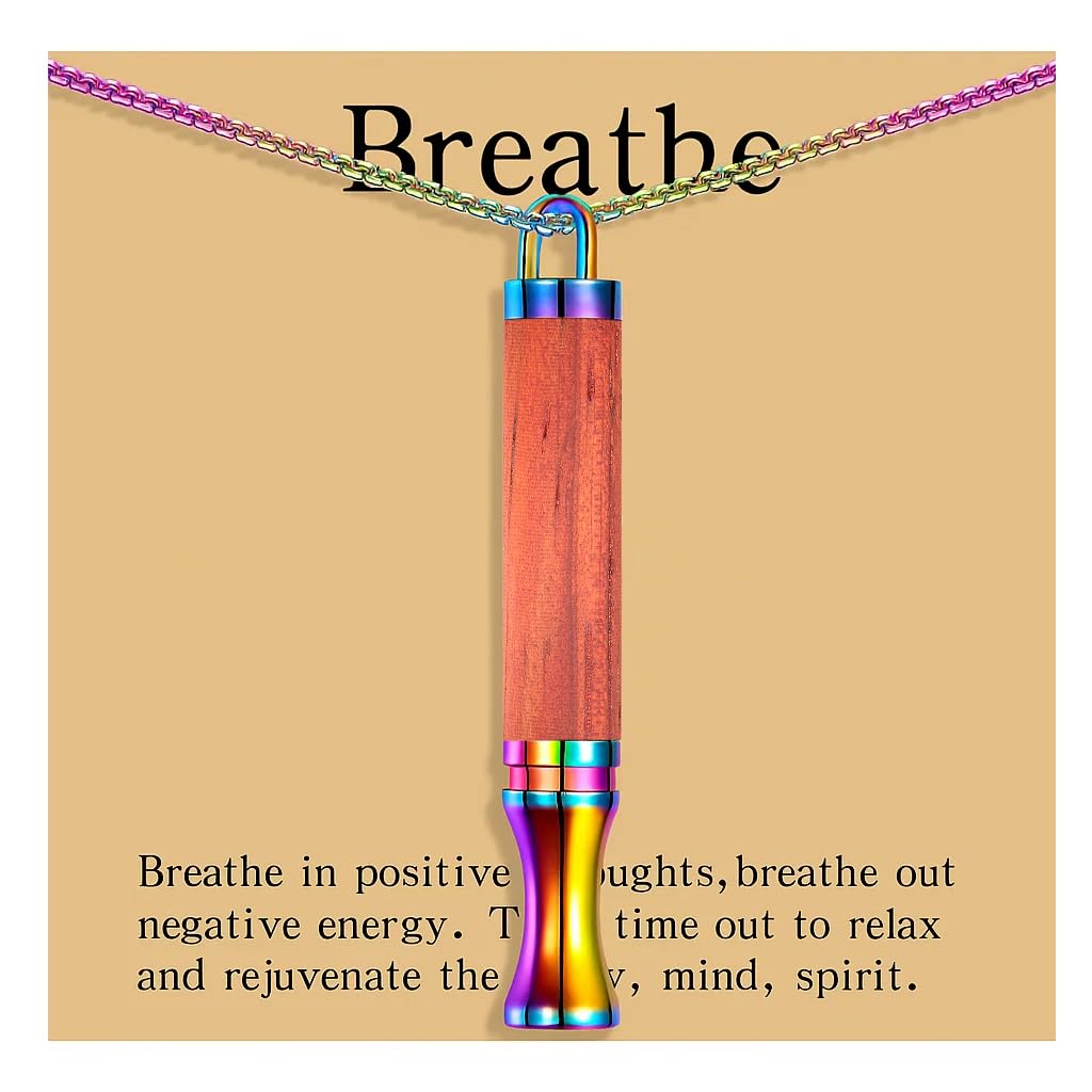 BOLAGTIER Mindful Breathing Necklace: Natural Wood Fidget Charm for Anxiety Relief & Quit Smoking Aid, Stainless Steel Sensory Pendant to Calm Your Mind (Rainbow)
