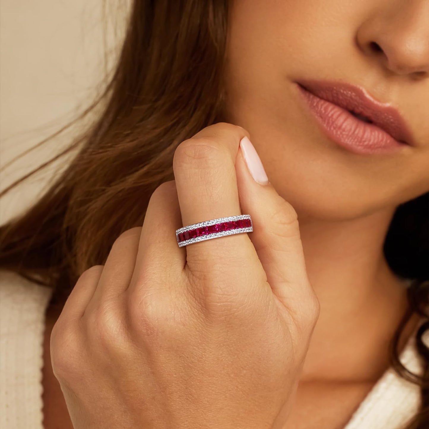 RANDES Red Ruby Half Eternity Band Ring for Women Sterling Silver Channel Set Wedding Band Thick Anniversary Ring for Her July Birthstone Ring Size 9.5