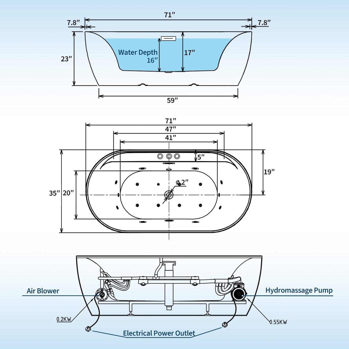 71 Inch Freestanding Acrylic Bathtub Soaking Tub with Adjustable Jets for Tub, Deep Ergonomic Bathtub, Water Jetted Air Bubble and Heated Combination Tub Bathtubs, CUPC Certified, Matte Drain, Gloss