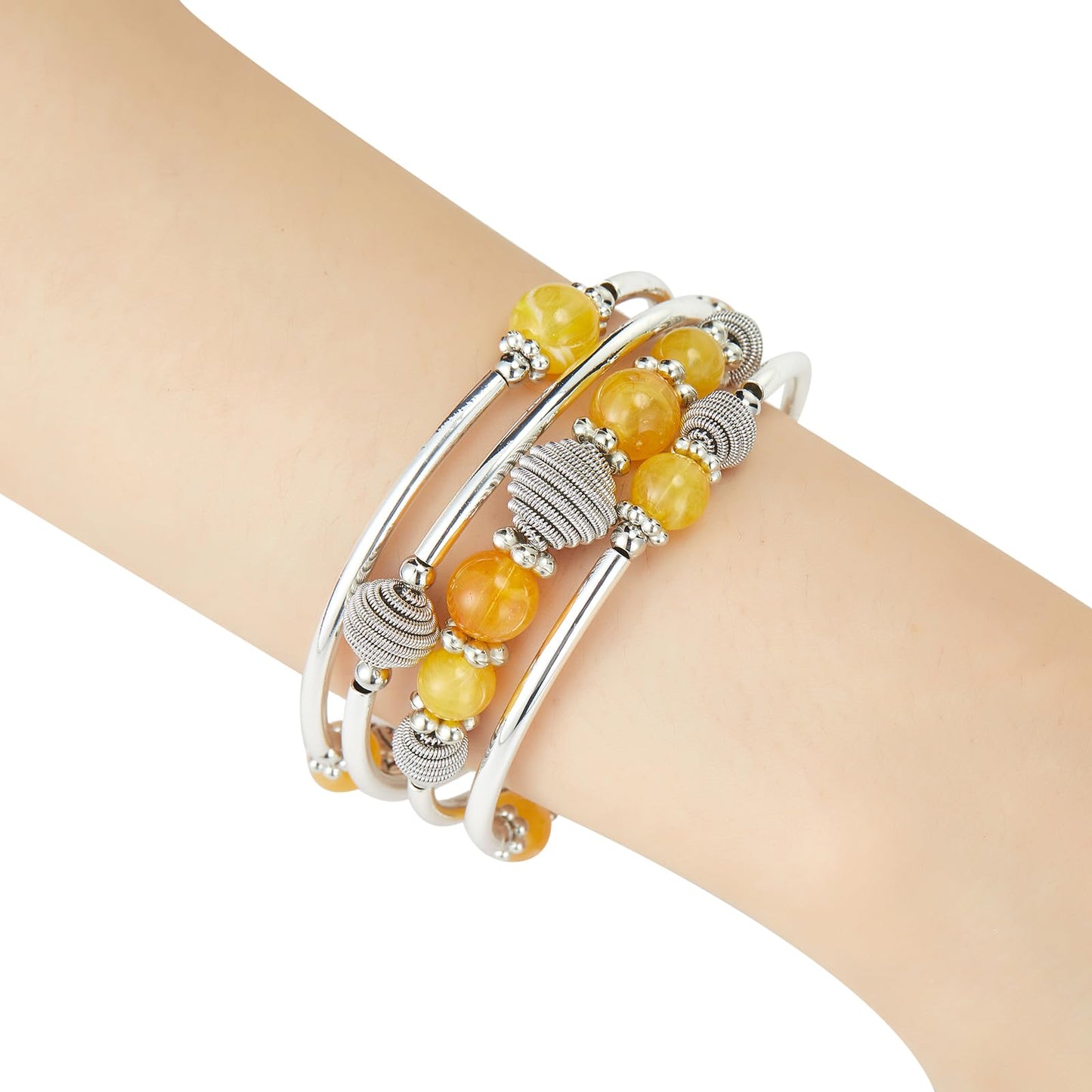 PEARL&CLUB Beaded Chakra Bangle Turquoise Bracelet - Fashion Jewelry Wrap Bracelet with Thick Silver Metal and Mala Beads, Birthday Gifts For Women(Yellow)
