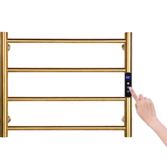 Towel Warmers for Bathroom, Wall Mounted Hot Towel Racks, Heated Towel Drying Rack with Timer & Temperature Multi-Level Adjustable (4 Bars Brushed Gold, Hardwired)