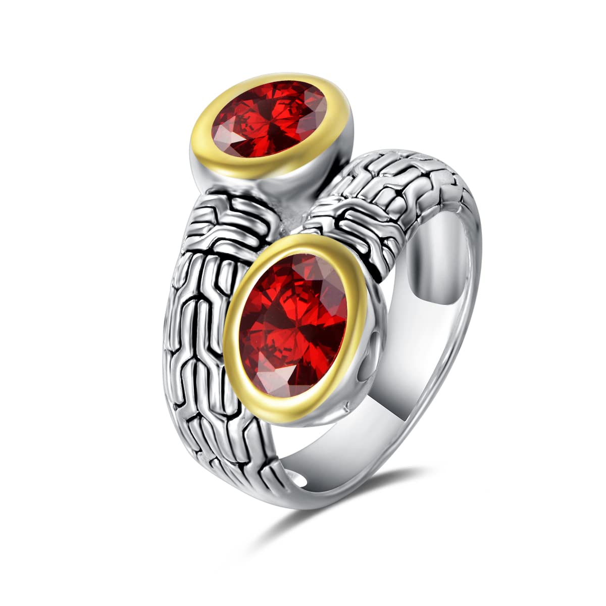 UNY JEWEL Jewelry Ring Multi Strand Foxtail Chain Woven Pattern Inlay 6 by 8 Oval CZ Vintage Antique Two Tone Elegant Designer Inspired Ring (Size 9 RED)
