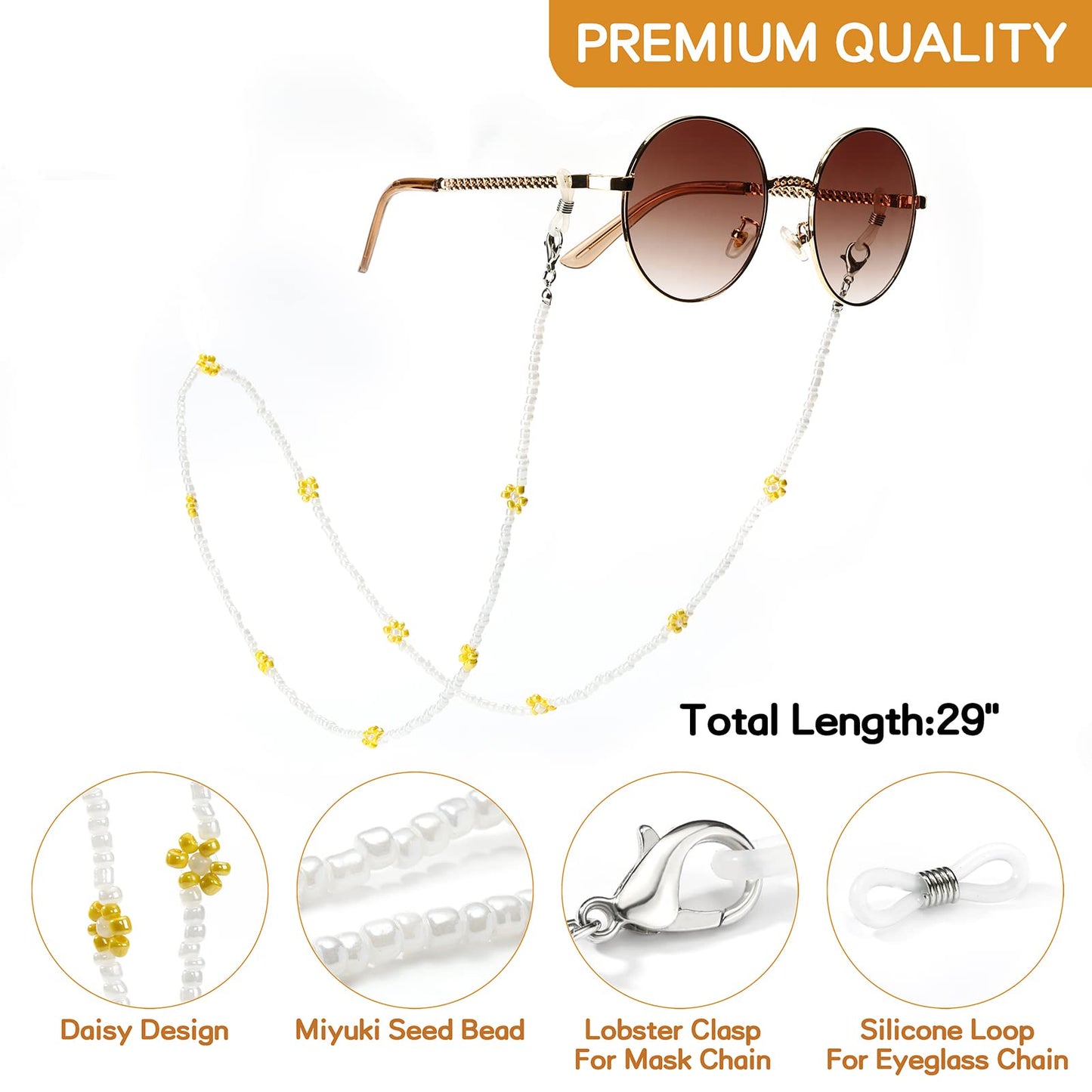humlbird Mask Chain Daisy Glasses Chain Flower Mask Lanyard Face Mask Holder Around Neck Eyeglass Chain for Women Stylish, White