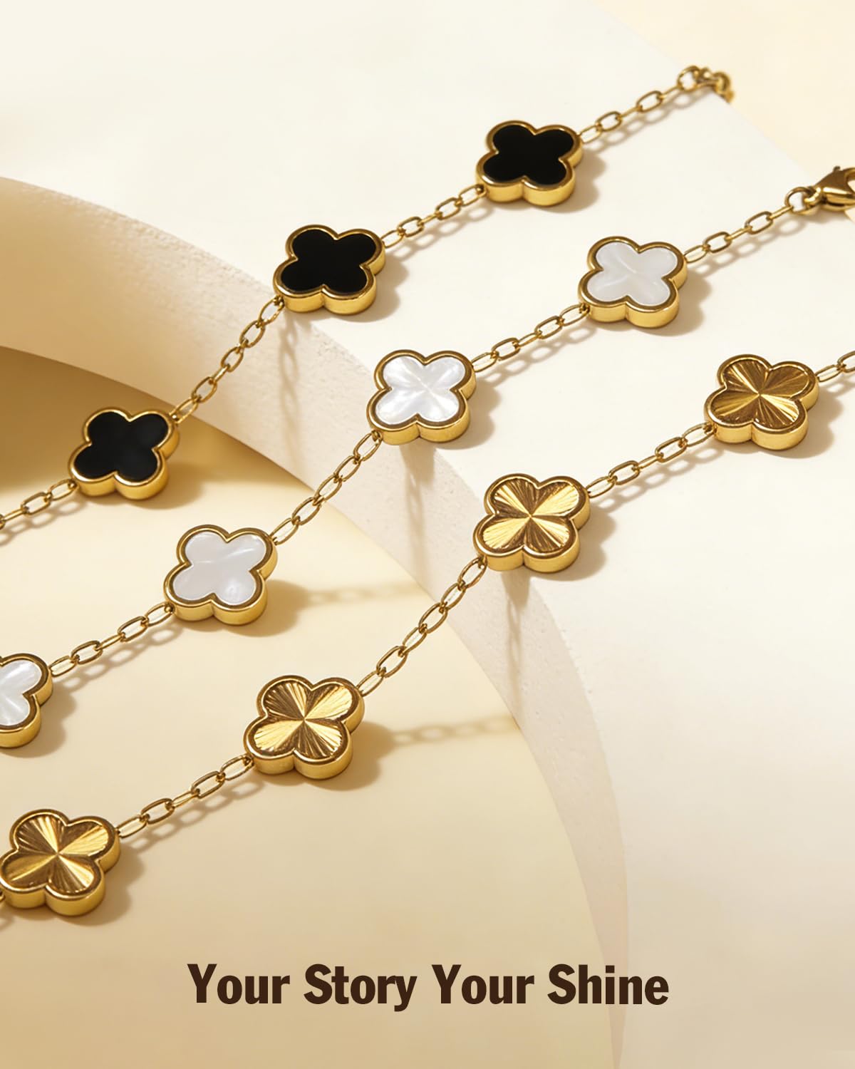 Aimétte Monette 18K Gold Plated Jewelry Set, Clover Bracelets and Stud Earrings Set Women's Hypoallergenic White Gold Lucky Clover Bracelet Fashion Gifts for Women Trendy