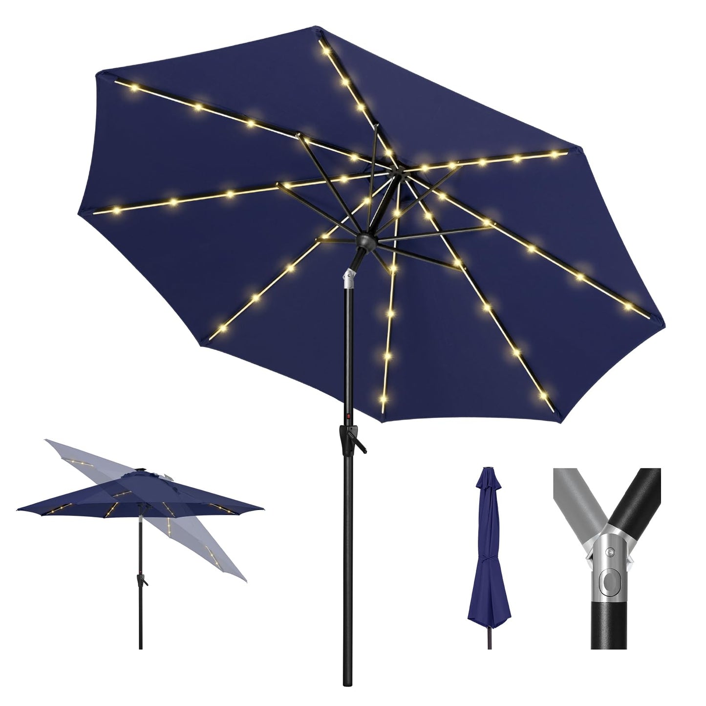 Tempera 10ft Patio LED Umbrella with light | Solar Outdoor Umbrella | Market Table Parasol with Push Button Tilt and Crank, with Sturdy Pole&Fade resistant canopy,Easy to set