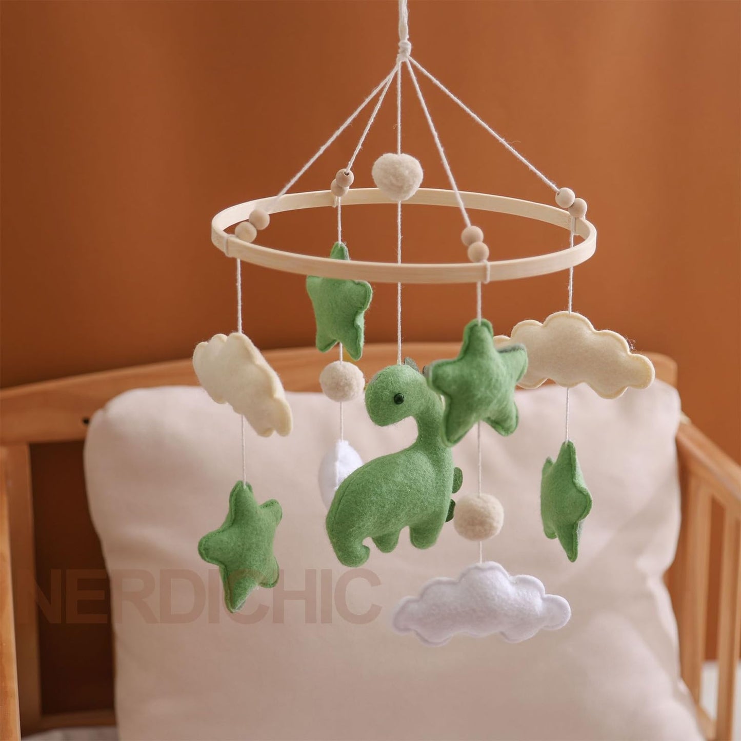 Baby Crib Mobile for Boys Girls, Nursery Decor Mobile for Bassinet, Gender Neutral Mobile Crib Accessories for Infant Bedroom Hanging Newborn Gift - Dinosaur Diplodocus, Cloud, Stars