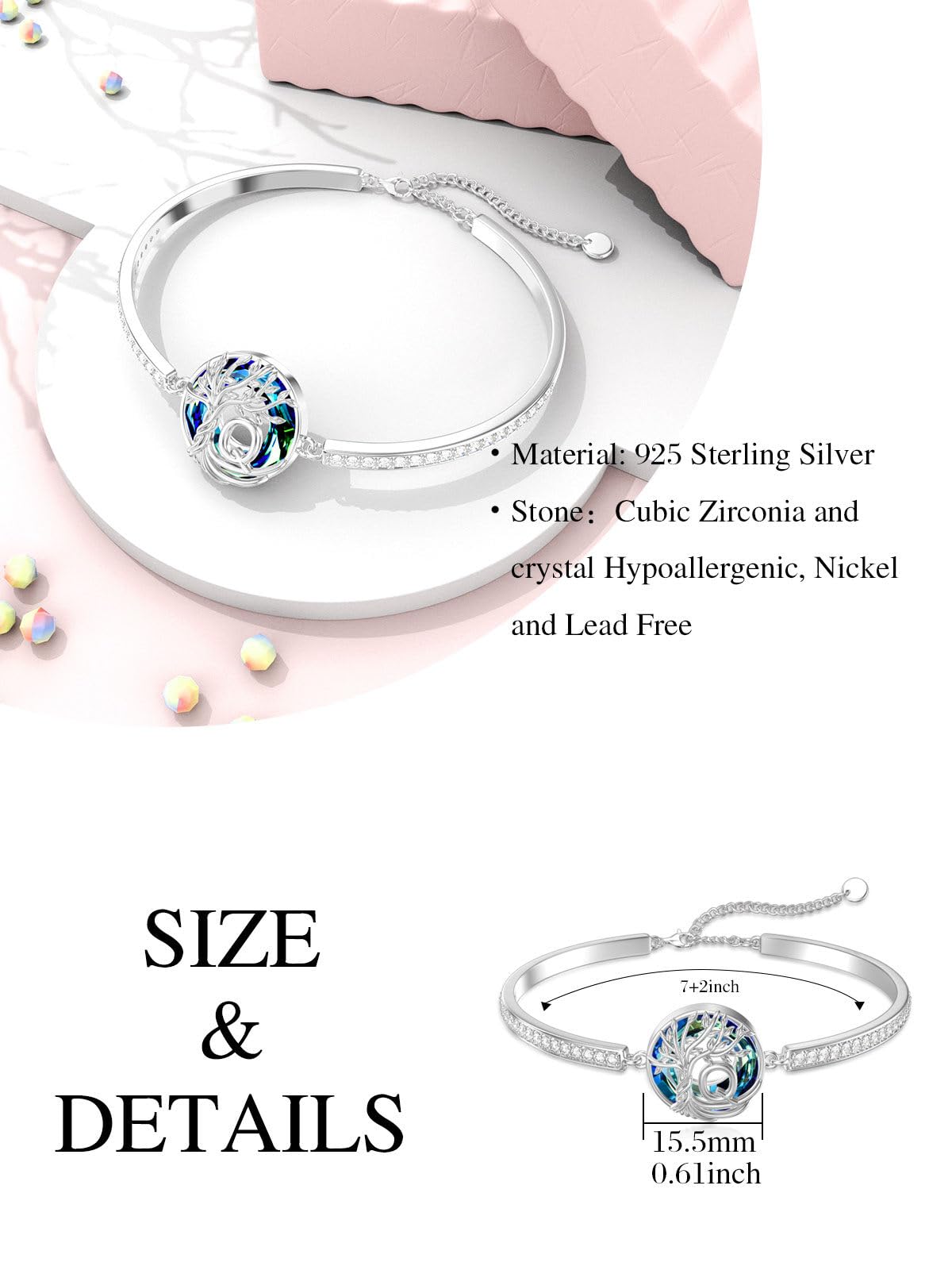 TOUPOP Tree of Life Bracelet Sterling Silver Initial Q Letter Bangle Bracelet Family Tree Blue Crystal Jewelry Mothers Day Birthday Gifts for Women Mom Wife