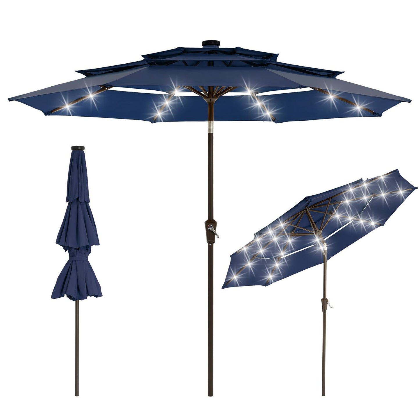 Garvee 10ft Patio Umbrella with Solar Lights, 3-Tier Patio Table Umbrella Outdoor with LED Lights, Ventilation, Easy Crank & Tilt, 8 Sturdy Ribs, UV Protection, Large Patio Umbrella for Deck, Pool