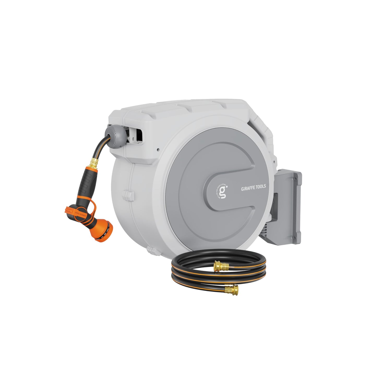 Giraffe Tools Heavy Duty Retractable Garden Hose Reel 1/2 130 FT, Wall Mounted with 9 Pattern Nozzle & Detachable Leader Hose, 180° Swivel Bracket, Any Length Lock, Commercial Grade (Light Grey)