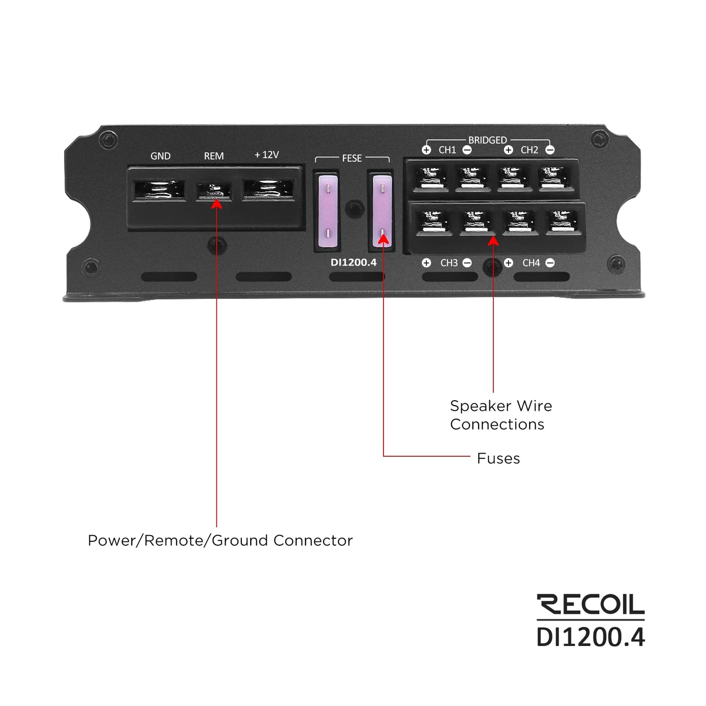 Recoil DI1200-4 Full-Range Class-D 4-Channel Car Audio Amplifier, 2,400 Watts, 2-4 Ohm Stable, MOSFET Power Supply, Bridgeable