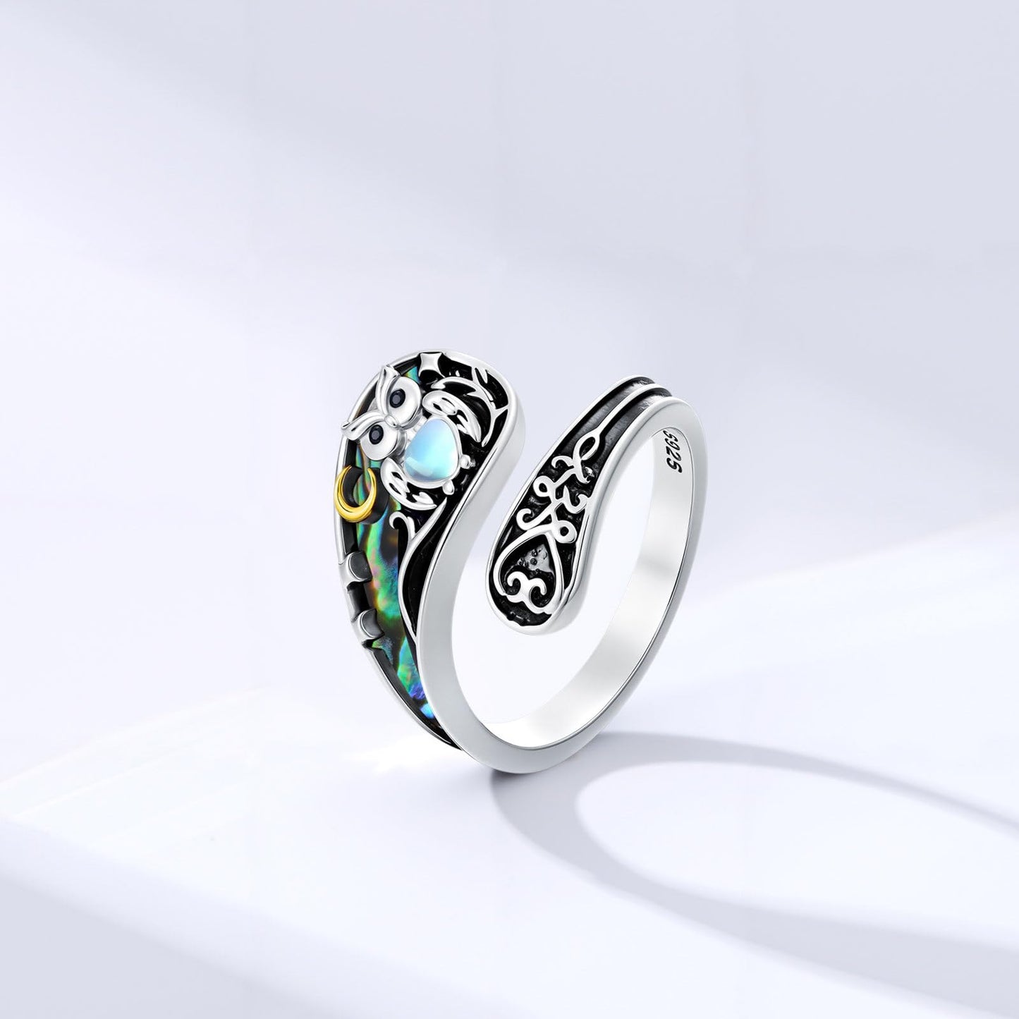 Midari Owl Spoon Rings for Women 925 Sterling Silver Abalone Shell Unique Rings Adjustable Owl Moonstone Rings Open Spoon Thumb Rings Owl Jewelry for Women Men Birthday Christmas Gifts