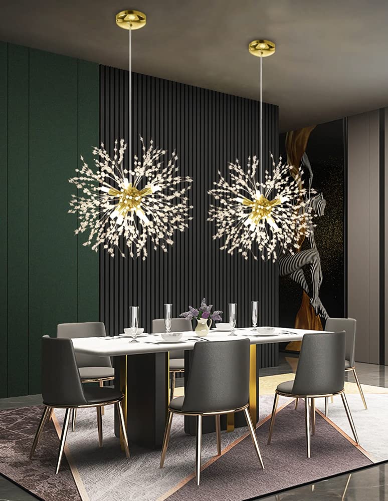 Mivenda Gold Crystal Chandeliers 9-Light Modern Firework Chandelier Dandelion Light Fixture,Bedroom Chandelier,Ceiling Hanging Lighting for Dining Room,Bedroom,Aisle