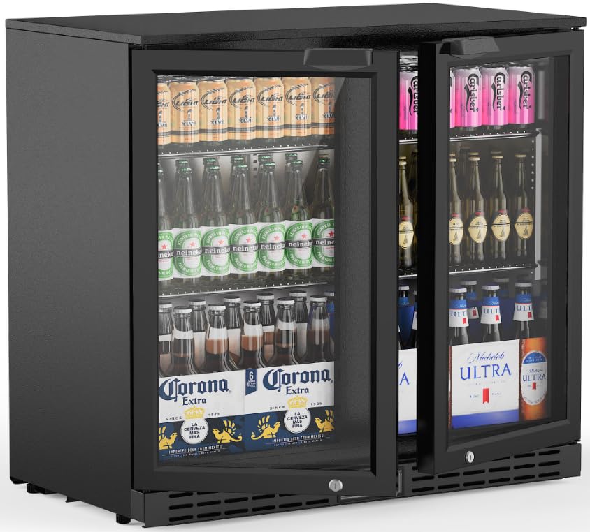 Coolake Back Bar Cooler Refrigerator with 2 Glass Doors, 7.4 cu.ft Commercial Under Counter Height Beverage Refrigerator with LED Lighting, Display Drink Fridge for Home Bar, Man Cave, Garage, Office