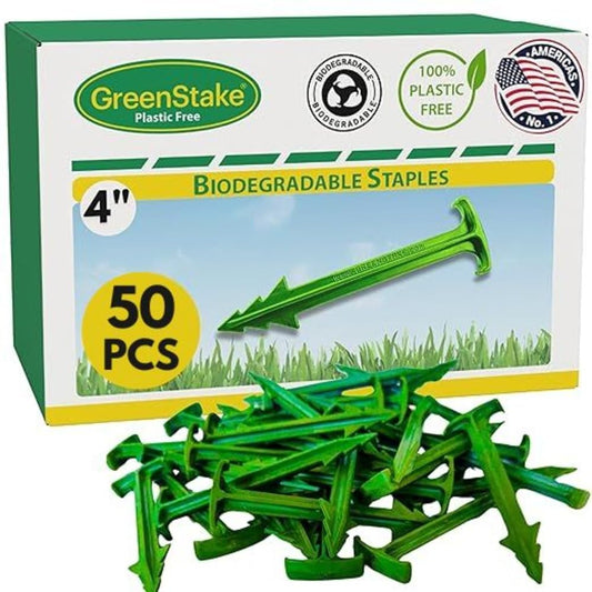Pack of 50 - GreenStake 4-Inch Biodegradable Garden Stakes, Superior Holding Power - Eco-Friendly Garden Support Pegs & Fabric Pins for Membrane, Netting, Turf, Landscaping and Gardening