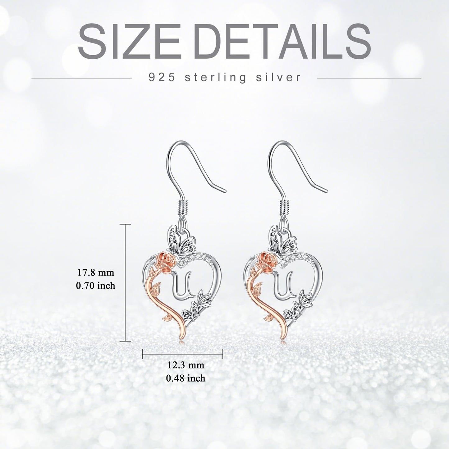 TOUPOP Rose Heart Initial Earrings Sterling Silver Butterfly Earring Initial U Letter Drop Dangle Earrings Jewelry Anniversary Birthday Mothers Day Gifts for Women Mom Wife Girlfriend Her