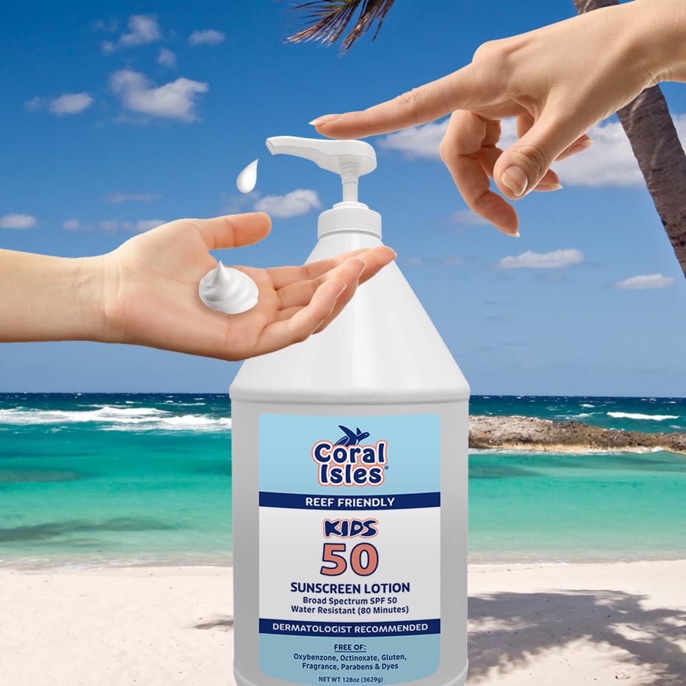 Coral Isles by Rocky Mountain Sunscreen | SPF 50 KIDS Lotion | Broad Spectrum UVA/UVB Protection | Hawaii Reef-Safe Act Compliant | Oxybenzone & Octinoxate Free | Water Resistant 80 Min. | 128 Fl Oz